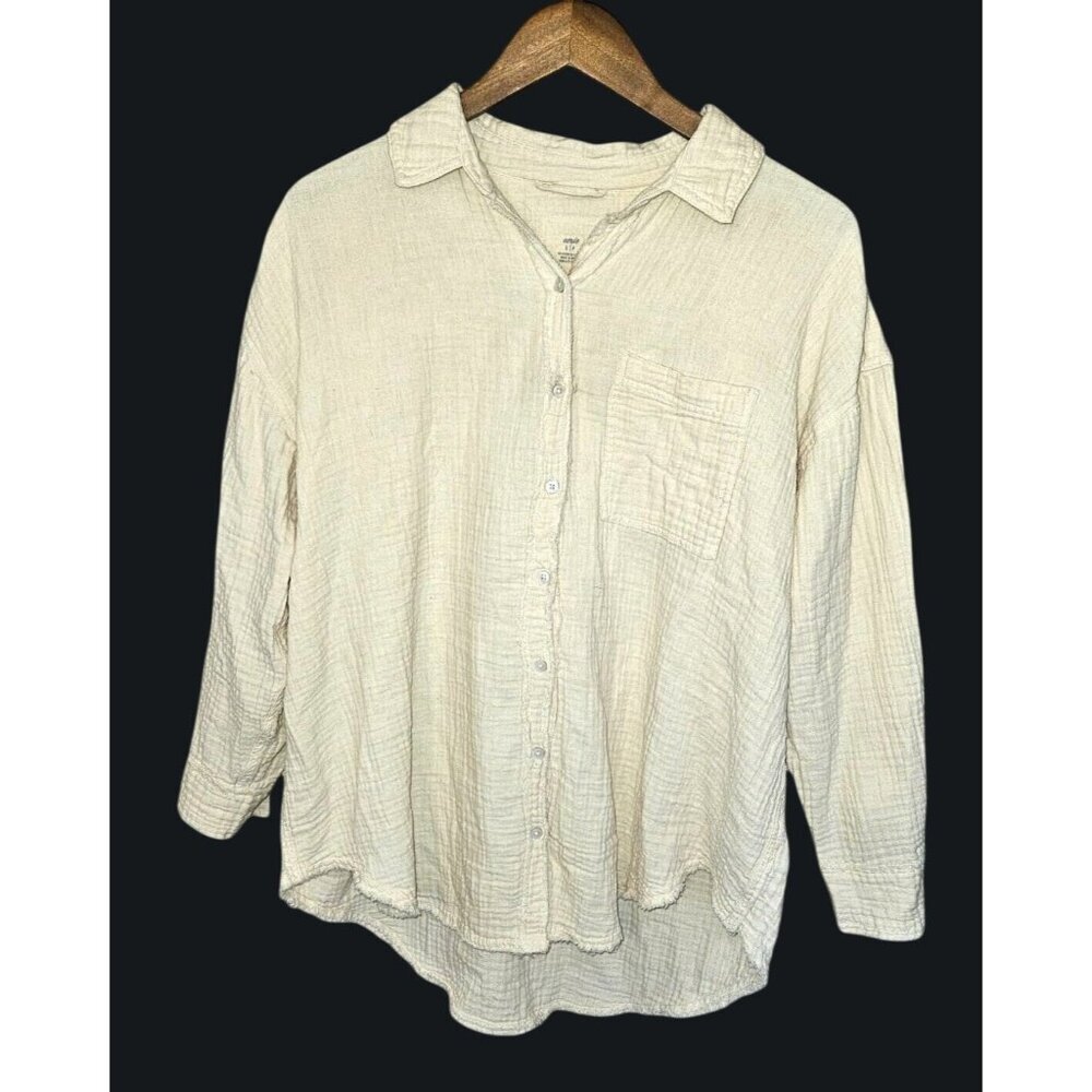 Aerie Soft Cotton Button Front Shirt Oversized Cream Gauze‎ Long Sleeve Top Sz S